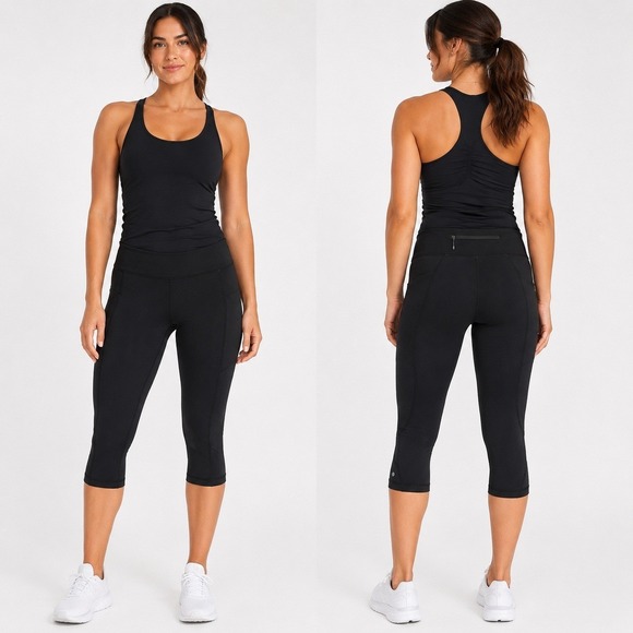 lululemon athletica Pants - Lululemon Black Cropped Running Leggings Side Pockets Zip Pocket Womens Size 6